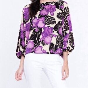 New! Women's Alexandra Print Floral Blouse in Purple, Black and White Sz L, XL